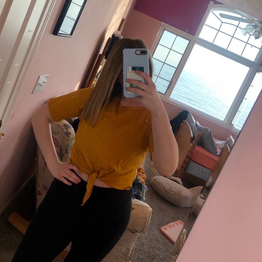 mustard yellow tie tee shirt